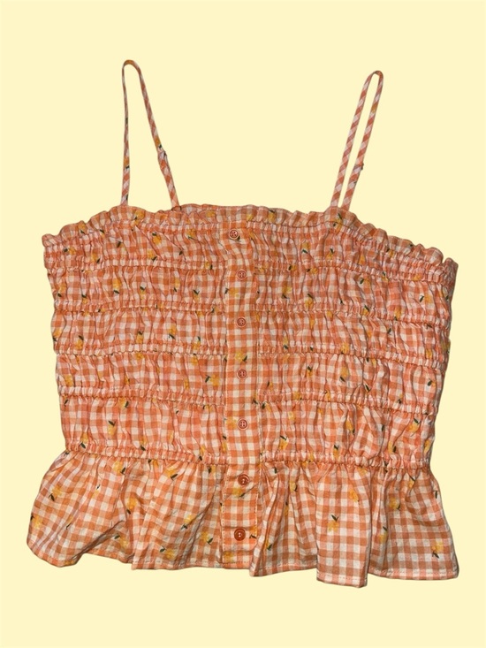 Greylin Tops - Greylin Orange Smocked Peplum Crop Top with Yellow Flower Pattern Detail